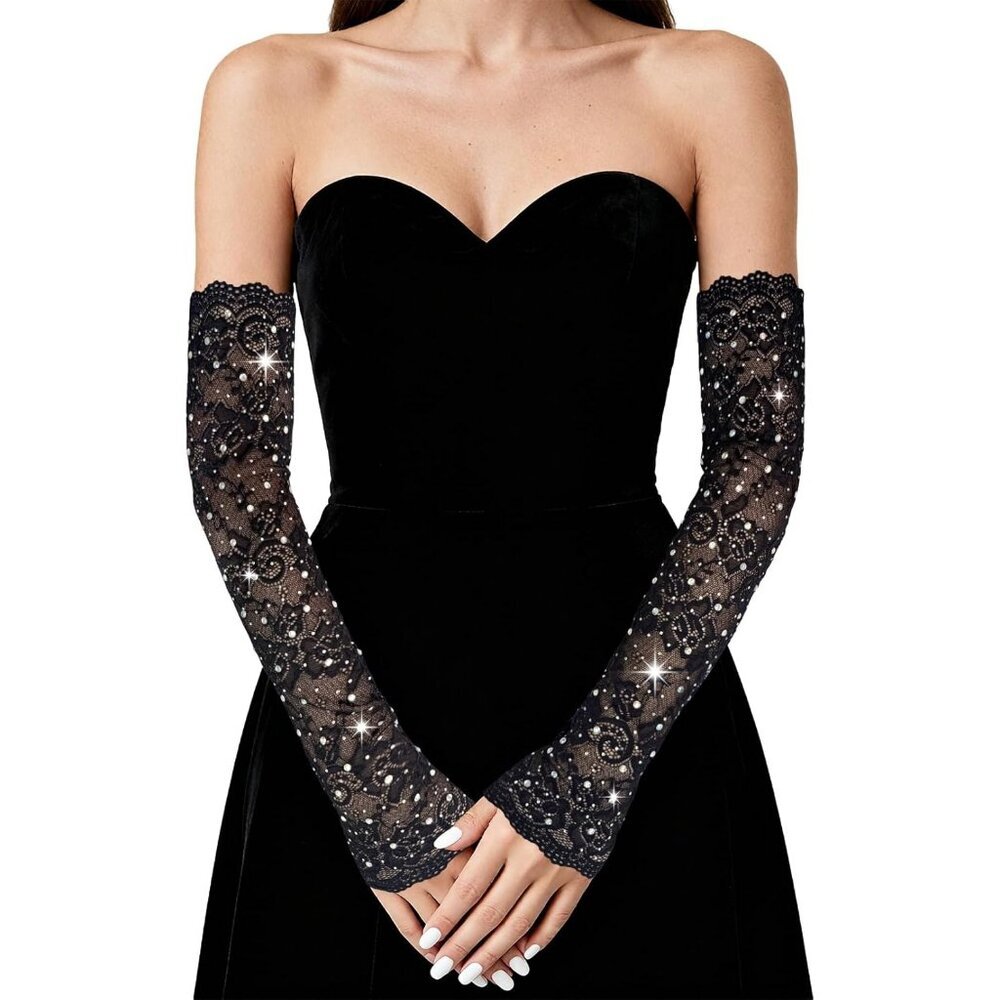 Women's Diamond Black Fingerless Lace Arm Sleeves Gloves Wedding Dress Prom